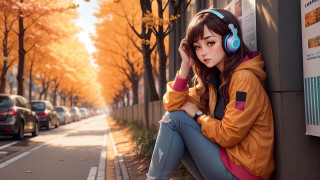 Girl road headphones autumn leaves - against a wall free wallpaper