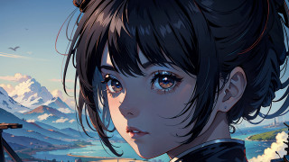 Woman blackhair blueeyes mountains bird - a black hair free wallpaper