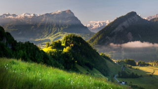 Green valley mountains river houses - a green valley free wallpaper