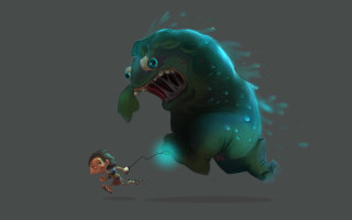 Cartoon character chasing monster lightsaber - a woman in the background free wallpaper