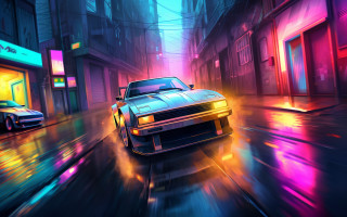Neon city street night car - outrun free wallpaper