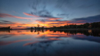 Sunset lake clouds trees reflection 3 - the sky and trees free wallpaper
