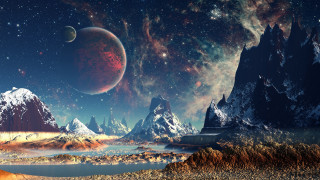 Mountain lake planet stars space - a painting of a mountain range free wallpaper