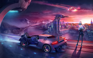 Futuristic city man car matte - a futuristic city in the background free wallpaper
