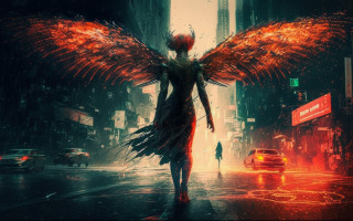 Woman wings rain dystopian cyberpunk - a street in the rain free wallpaper