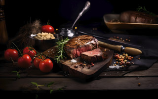 Steak cuttingboard tomatoes 3dfoodphotography apple - cutting free wallpaper