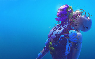 Woman blue body suit underwater - her hand and a fish free wallpaper