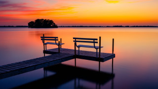 Dusk benches dock water tree - a tree in the distance free wallpaper