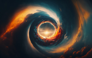 Psychedelic spiral sky fire mountain - a painting of a person free wallpaper for desktop