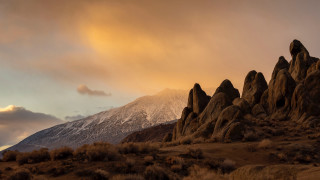 Snowy mountains clouds bushes dusk - a few bush and bushes free wallpaper