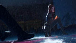 Woman kneeling rain umbrella handbag - free rain wallpaper