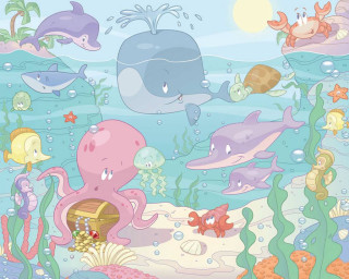 Cartoon sea animals swimming ocean - a cartoon of a group free wallpaper