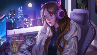 Woman headphones cat desk night 2 - headphone free wallpaper