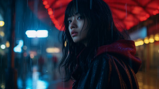 Woman rain umbrella night red - a red light in the background free wallpaper