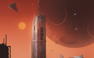 Futuristic city red sky red - a red moon in the background free wallpaper