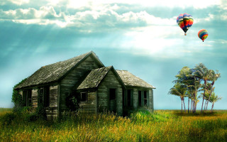House field hot air balloon 5 - a house in a field free wallpaper