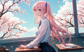 Pink haired girl bench window - a bench in front free wallpaper