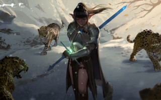 Woman sword cape leopards snowy - the gathering artwork free wallpaper