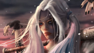 White haired woman blue eyes - hand free wallpaper for desktop