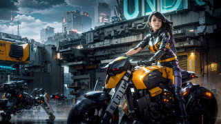 Futuristic city motorcycle woman neon - artstation hq free wallpaper