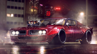 Red car suitcase city night - fog free wallpaper