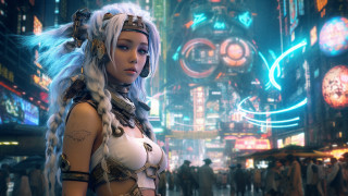 Futuristic citywoman whitewig featherheadpiece neoncityscape - a white wig free wallpaper