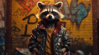 Raccoon leatherjacket scarf graffiti bokeh - a graffiti free wallpaper
