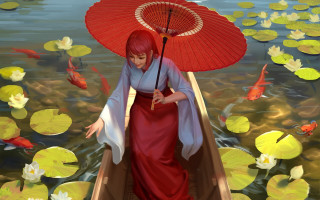 Woman red dress umbrella floating - an umbrella over her head free wallpaper