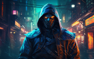 Man hooded jacket neon city - a neon light behind free wallpaper