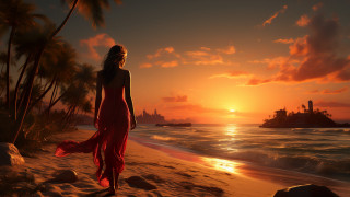 Woman red dress beach sunset - a boat in the background and a boat free wallpaper