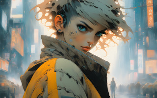 Woman mohawk yellow jacket city - a yellow jacket free wallpaper