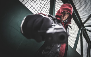Red hoodie man gun cosplay - a red hoodie free wallpaper for desktop