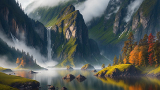 Mountain lake fog forest waterfall - a painting of a mountain lake free wallpaper