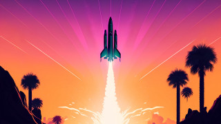 Space shuttle sunset palm mountains - outrun free wallpaper