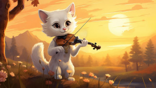 White cat violin sunset field - a storybook illustration free wallpaper