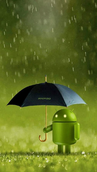Green android character holding umbrella 3 - les automatiste free wallpaper for mobile