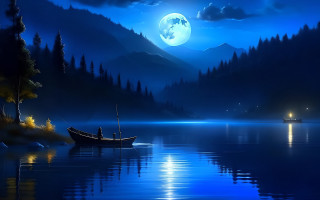 Moonlit lake fantasy boat city - a full moon in the sky above free wallpaper