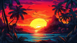 Sunset palm trees water bird - a painting of a sunset free wallpaper