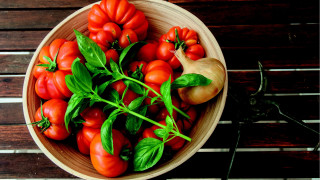 Bowl tomatoes garlic wooden table - a wooden background free wallpaper
