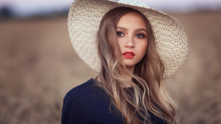 Woman hat wheatfield redlips portrait - long hair free wallpaper