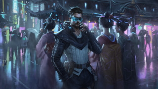 Futuristic man cyberpunk crowd neon - cyberpunk style free wallpaper