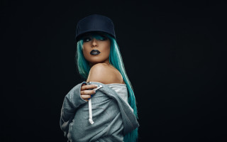 Green hair baseball cap portrait - private free wallpaper for desktop