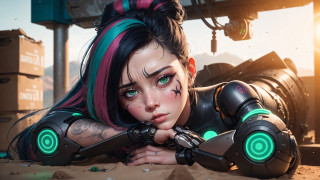 Woman green pink hair cyberpunk - free cyberpunk wallpaper