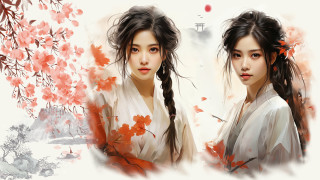 Woman longhair whiteflower tree autumn - art station free wallpaper