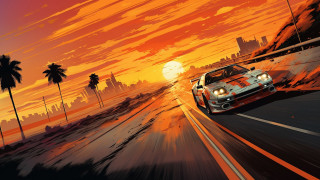 Car palm trees sunset cityscape - a city skyline in the background free wallpaper