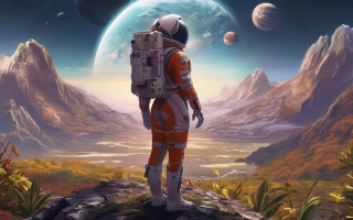 Astronaut rock planet mountains night - sci fi free wallpaper