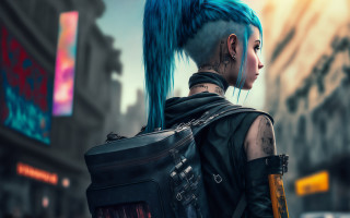Blue hair city cyberpunk tattoo - cyberpunk style free wallpaper