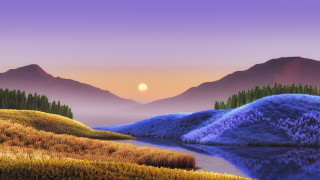 Mountain lake forest sunset purple - field free wallpaper for desktop