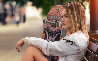 Woman sitting bench skateboard blonde - a skateboard free wallpaper for desktop