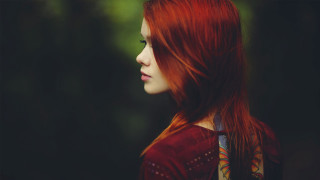 Red hair red dress forest - a forest in the background free wallpaper